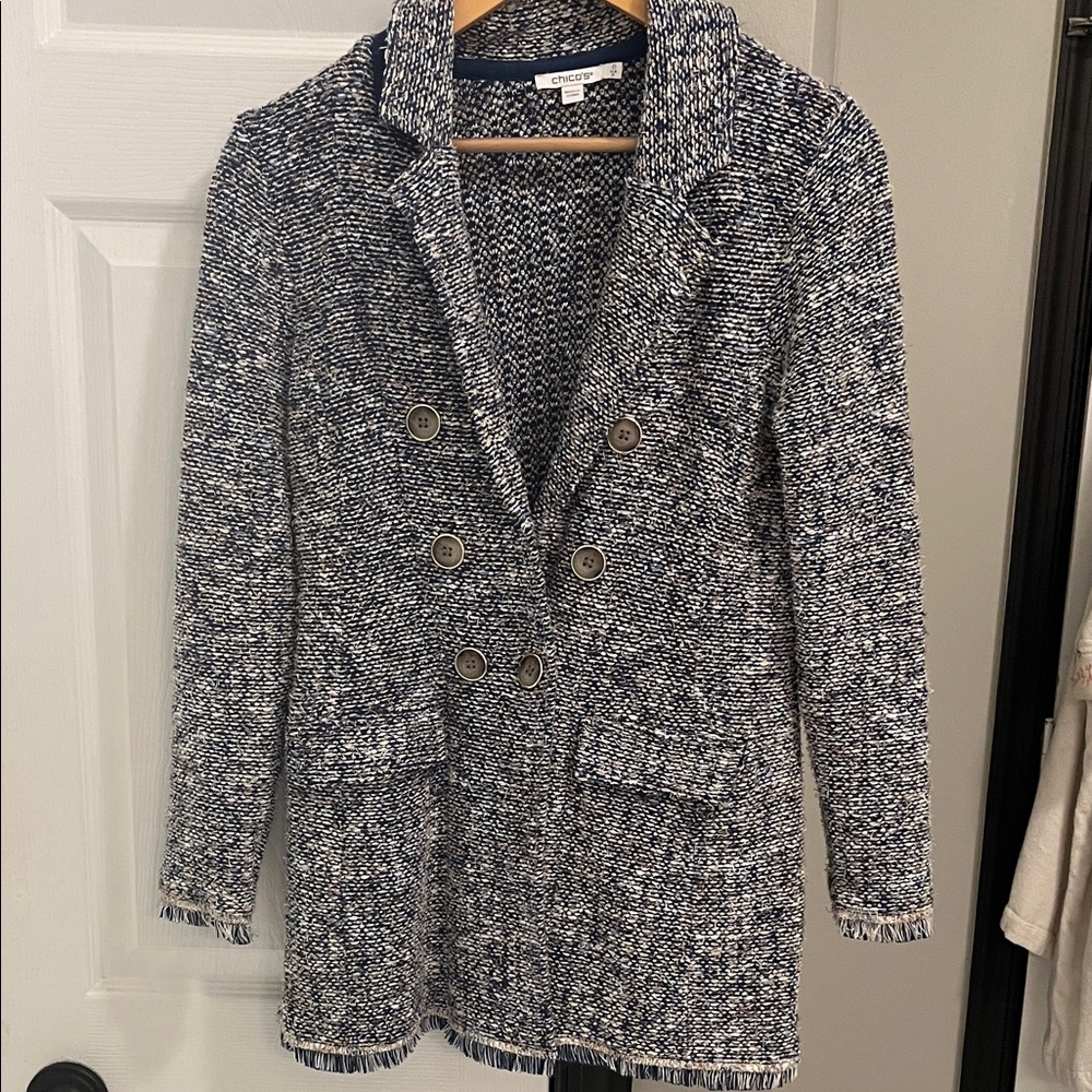 Chico's Navy and White Tweed Double-Breasted Blazer Coat